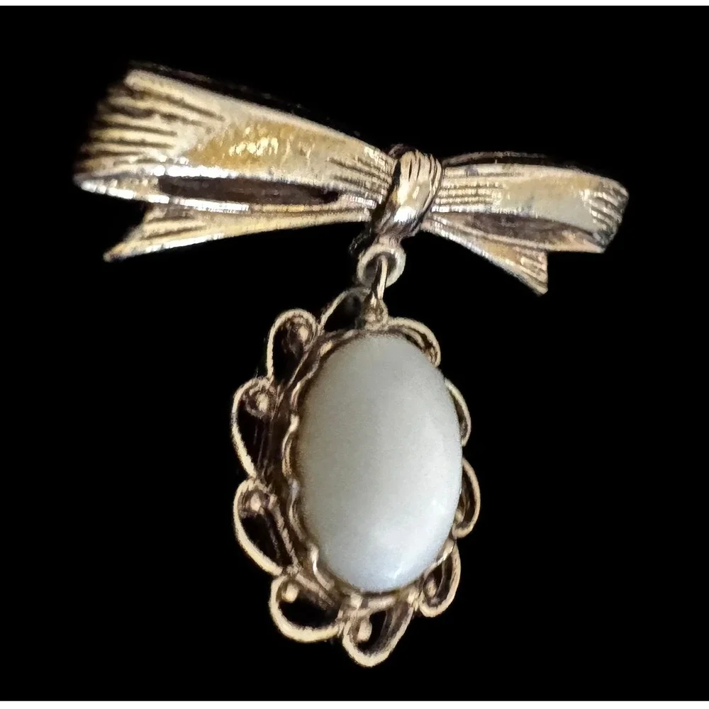 Vintage Gold Tone Bow Brooch White Oval Cabochon Dangle Scalloped Filigree Pin